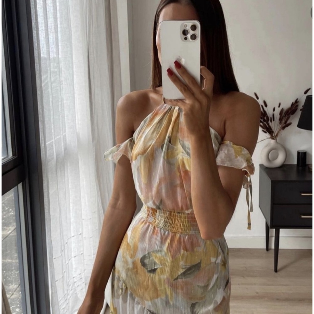 Zara Metallic Thread Floral Print Ruffle Dress NWT Size XL - Picture 10 of 16